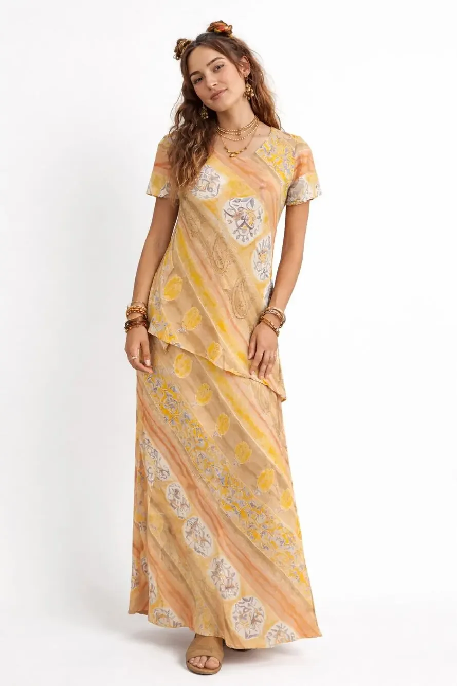 Vintage Rabbit Rabbit Rabbit Maxi Dress Petite 2 Yellow Paisley Layered Fairy